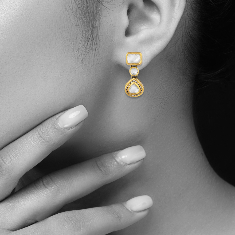Geometric Polki Earrings with Square, Round & Teardrop Polki